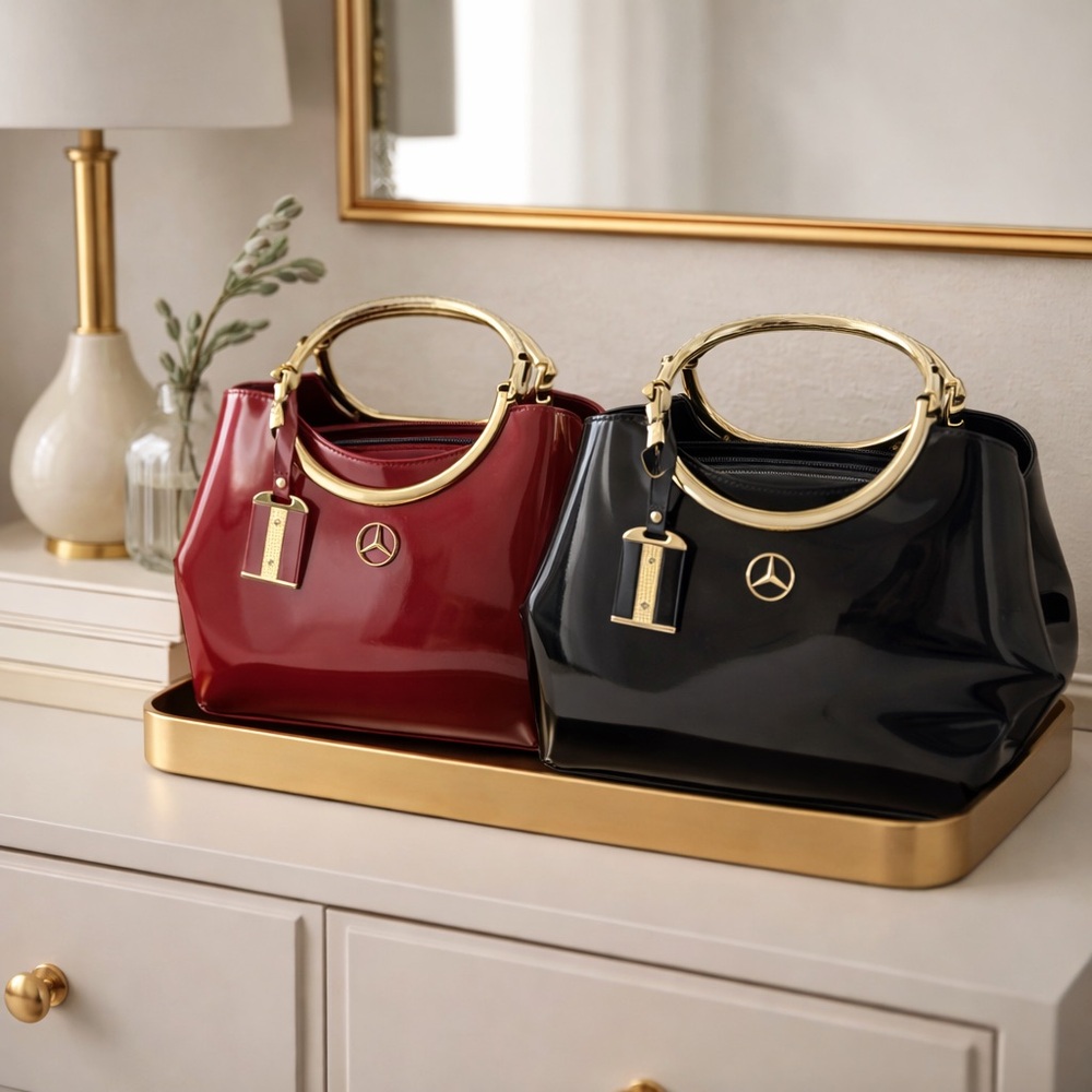 Source Unknown Red and Black Shoulder Bags with Gold Accents